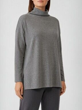 Eileen Fisher Cozy Brushed Terry Funnel Neck Tunic Gray Relaxed Top USA L